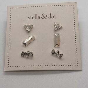 Stella & Dot Earrings Set of 3 Pairs Stud Earrings Silver Tone Geometric Crystal